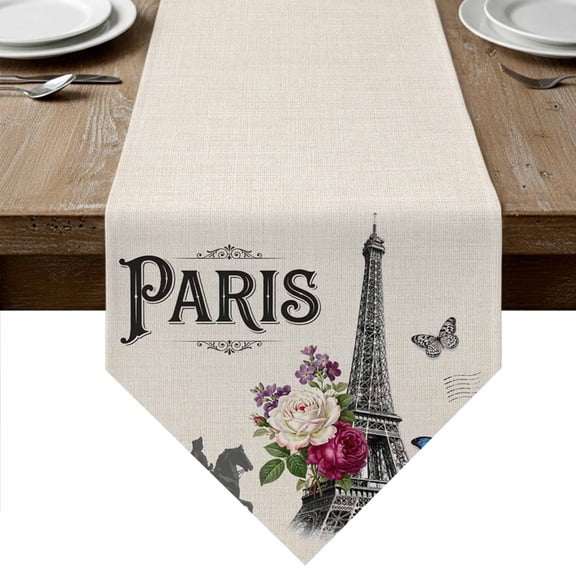 Paris Eiffel Tower Table Runner Linen Burlap Table Runner 36 Inches Small Vintage Rose Floral Sculpture Butterfly Dresser Scarves for Kitchen Island Coffee Dining Room Party Holiday Decor 13"x36"