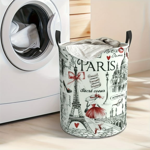 Paris Eiffel Tower Themed Laundry Basket - Thick Oxford Fabric, Foldable, Large Capacity, Durable Handle Made of Polyester Material, Suitable for Bedrooms, Bathrooms and Children's Clothes