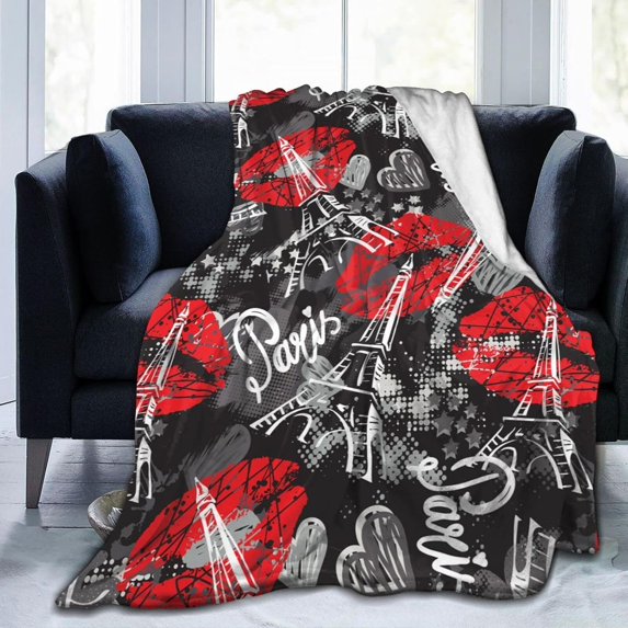 Paris Eiffel Tower Throw Blanket Ultra Soft Warm All Season Sexy Lips and Valentine''s Day Hearts Decorative Fleece Blankets for Bed Chair Car Sofa Couch Bedroom 60"X50"