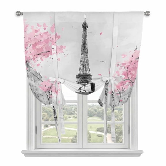 Paris Eiffel Tower Tie Up Curtains for Window, Insulated Balloon Shade Adjustable Rod Pocket Curtains Valance Panels for Kitchen Bathroom Cafe 52 x 45 Sweet Couple Romantic Pink Cherry Blossom