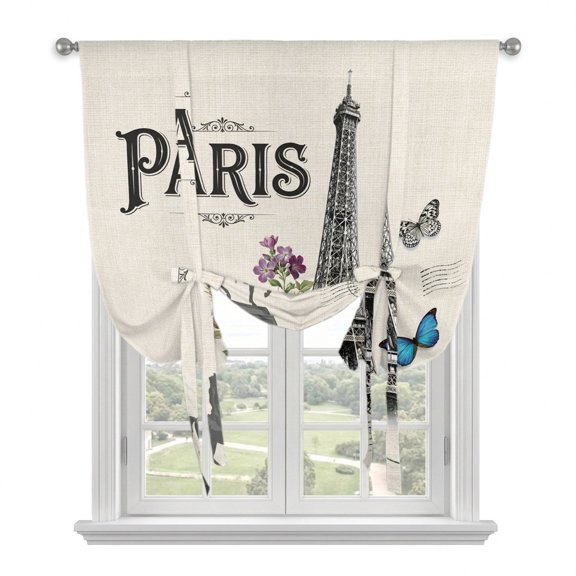 Paris Eiffel Tower Tie Up Curtains for Window, Thermal Insulated Balloon Shade Adjustable Rod Pocket Curtains Valance Panels for Kitchen Bathroom Cafe 34 x 45 Vintage Rose Floral Sculpture Butterfly