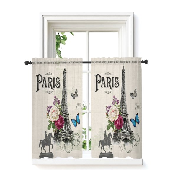 Paris Eiffel Tower Tier Curtains 45 Inch Length,Sheer Curtains for Bedroom Living Room Vintage Rose Floral Sculpture Butterfly Short Kitchen Curtains Drapes for Small Half Window 27.5"x45" 2 Panels