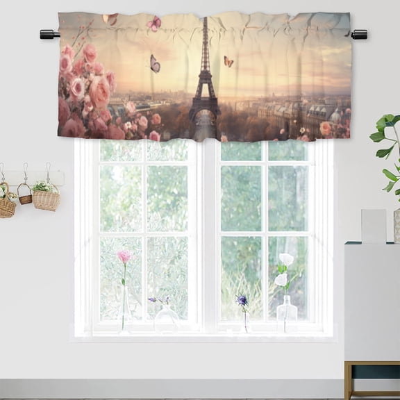Paris Eiffel Tower Valance Rod Pocket Window Curtain for Kitchen Retro Rose butterfly Privacy Window Valances for Living Room Kitchen 54 by 18 in, 1 Panel