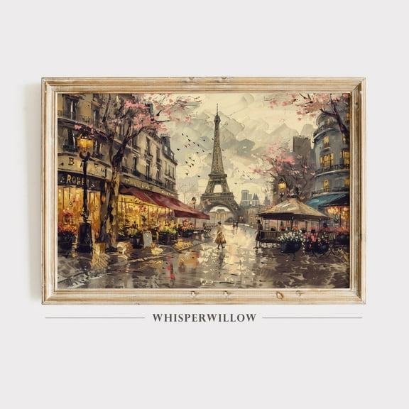 Paris Eiffel Tower Vintage In Springtime,, Romantic Cityscape, Street Scene, French Café, Cherry Blossom Home Decor, 8x12 UNFRAMED