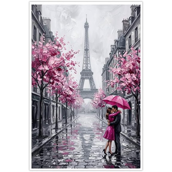 Paris Eiffel Tower Wall Art Pink Umbrella Romantic Couple Street Art Poster