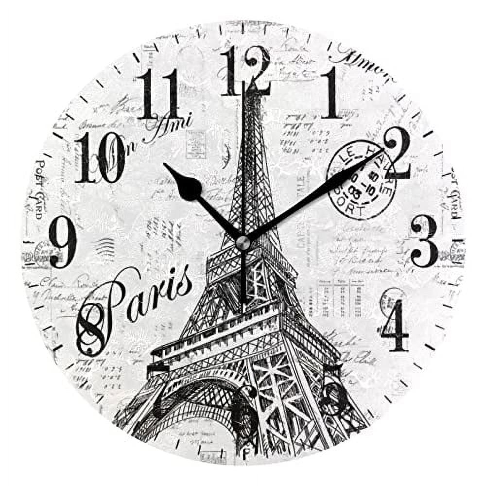 Paris Eiffel Tower Wall Clock, Silent Non Ticking 10 Inch Battery