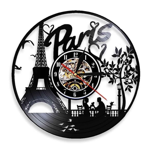 Paris Eiffel Tower Wall Decor France Skyline Vinyl Record Wall Clock Paris City Of Love Tourist Gift Living Room Wall Clock Without LED