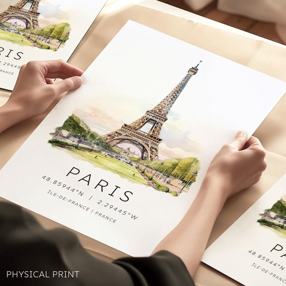 Paris Eiffel Tower Watercolor Travel Poster, Map Coordinates Wall Art, Poster Only