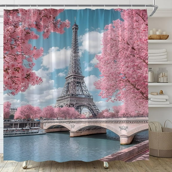 Paris Eiffel Tower Waterproof Shower Curtain Set with Hooks Bathroom Accessories,Girly Chic Retro Travel Shower Curtain-72"W x 84"L (Pack of 1)