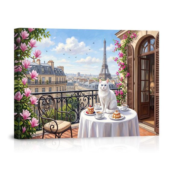 Paris Eiffel Tower White Cat Art Wall Art Fluffy Blue Eyes Picture Balcony French Cafe Decor Living Room Bedroom, Unframed Paper Print