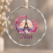 Paris Eiffel Tower the Sign of Love France Parisian Home Christmas Ornament, Holiday Decor Gift, Circle Glass Ornament