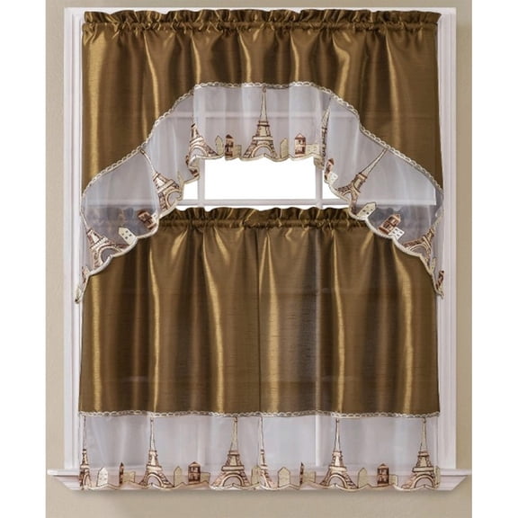 Paris Embroidered Kitchen Curtain Set, Taupe, Swag 60x36, 30x36 Inches