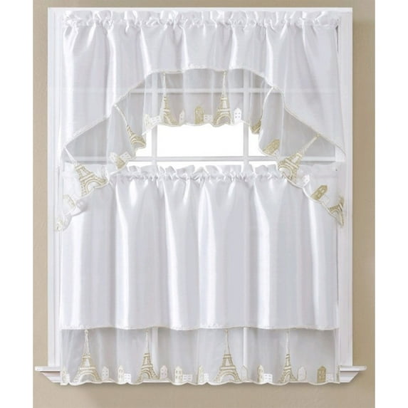 Paris Embroidered Kitchen Curtain Set, White, Swag 60x36, 30x36 Inches
