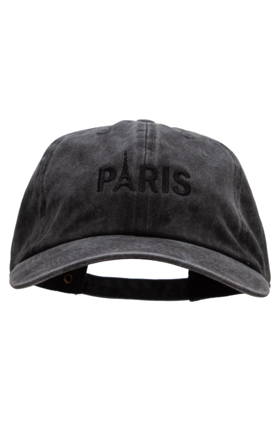 Paris Embroidered Washed Solid Pigment Dyed Cotton Twill Brass Buckle Cap - Black OSFM