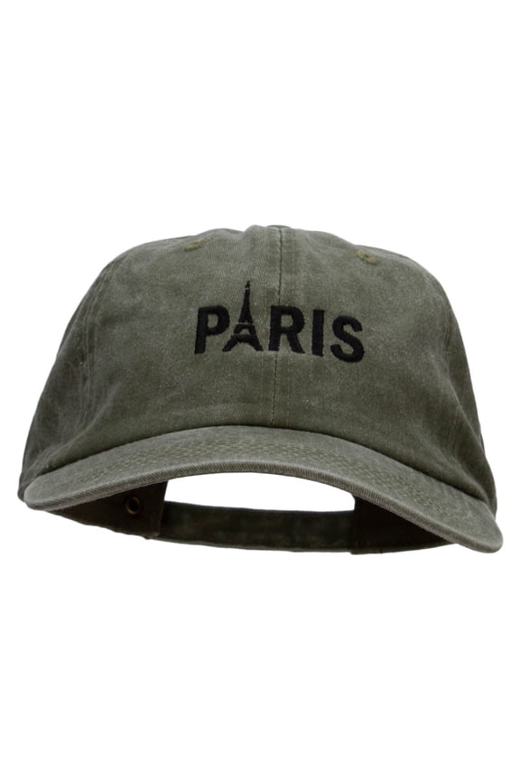 Paris Embroidered Washed Solid Pigment Dyed Cotton Twill Brass Buckle Cap - Olive OSFM