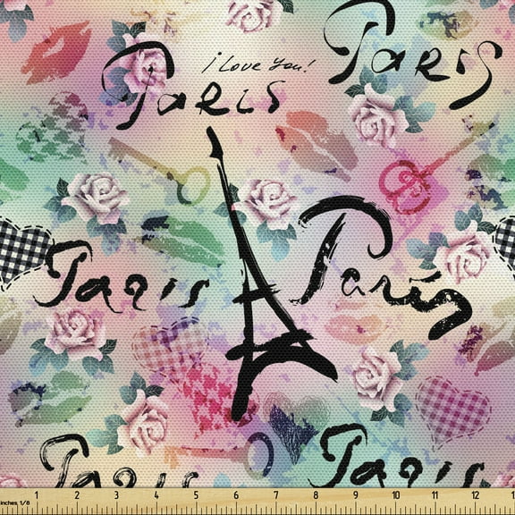 Paris Fabric by the Yard, Complex French Elements on Floral Rose Checkered Hearts Romance Love Theme, Decorative Upholstery Fabric for Chairs & Home Accents, 1 Yard, Pale Green Sea Green by Ambesonne