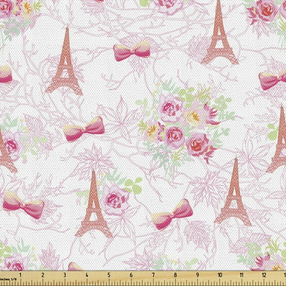 Ambesonne Paris Fabric by the Yard Upholstery, Eiffel French Bouquet Form, 1 Yard, Pale Green Pale Pink