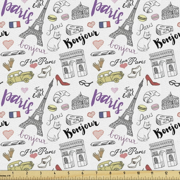 Ambesonne Paris Fabric by the Yard Upholstery, Food Fashion Love, 5 Yards, Multicolor