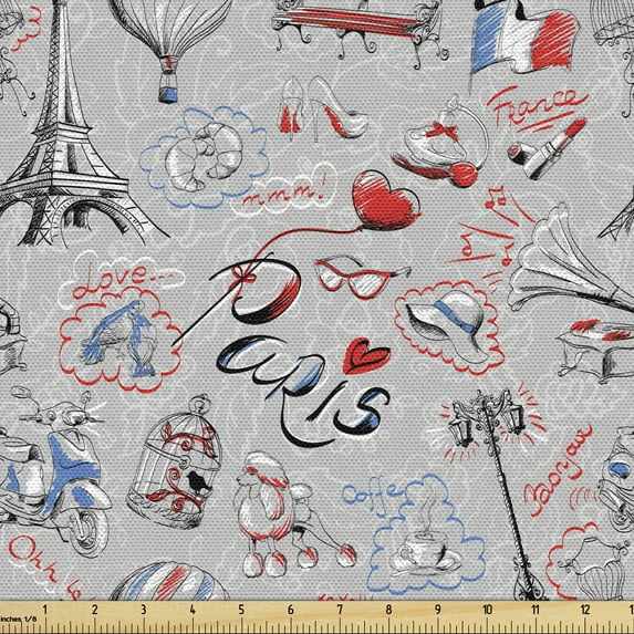 Ambesonne Paris Fabric by the Yard Upholstery, France City of Love, 3 Yards, Multicolor