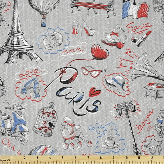 Paris Fabric by The Yard, France Themed Image with French Flag Dogs Eiffel Tower Croissant Vintage City of Love, Stretch Knit Fabric for Clothing Sewing and Arts Crafts, 2 Yards, Grey Blue, Ambesonne