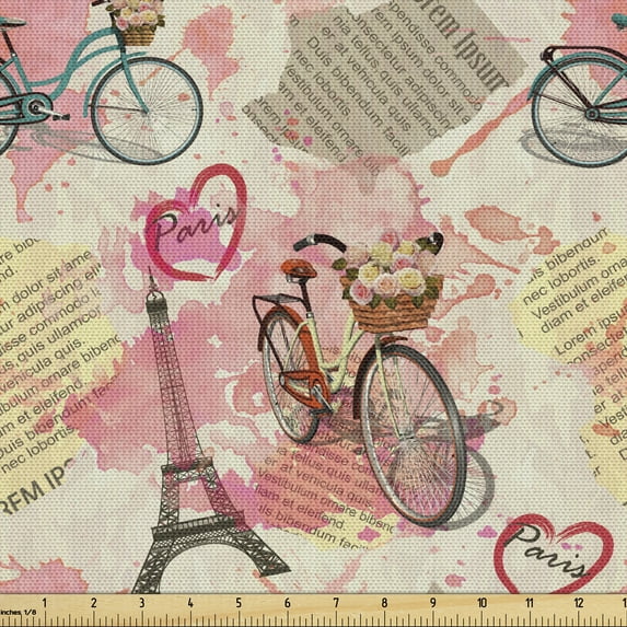 Paris Fabric by the Yard, Landmark of France with Abstract Letterings Bike Hearts Art Print, Decorative Upholstery Fabric for Chairs & Home Accents, 2 Yards, Pale Blue Pale Pink by Ambesonne