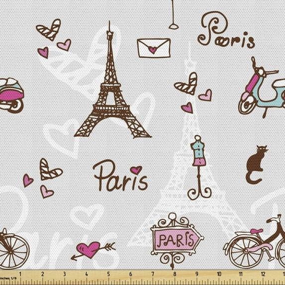 Ambesonne Paris Fabric by the Yard Upholstery, City of Love and Fashion, 2 Yards, Redwood Pearl Pink