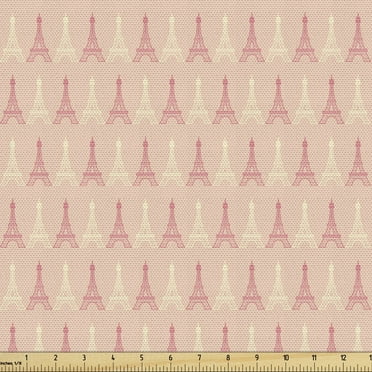 Ambesonne Paris Fabric by the Yard Upholstery, Eiffel Tower Pattern, 2 Yards, Pale Yellow Dark Coral