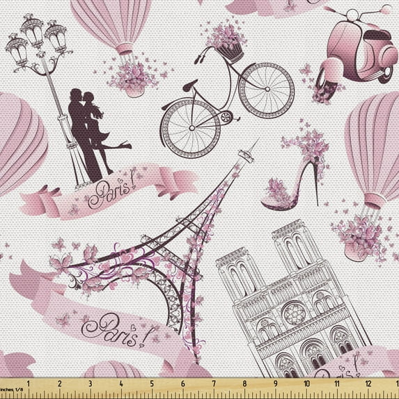 Ambesonne Paris Fabric by the Yard Upholstery, Kissing Couple Valentines, 3 Yards, Pale Pink Rose