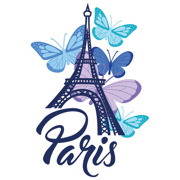 Paris Famous City in France with Eiffel Tower Artwork Vinyl Wall Decal - Majestic Landmark Silhouette with Butterflies Creative Design for Living Room Wall Decoration 20" x 29"