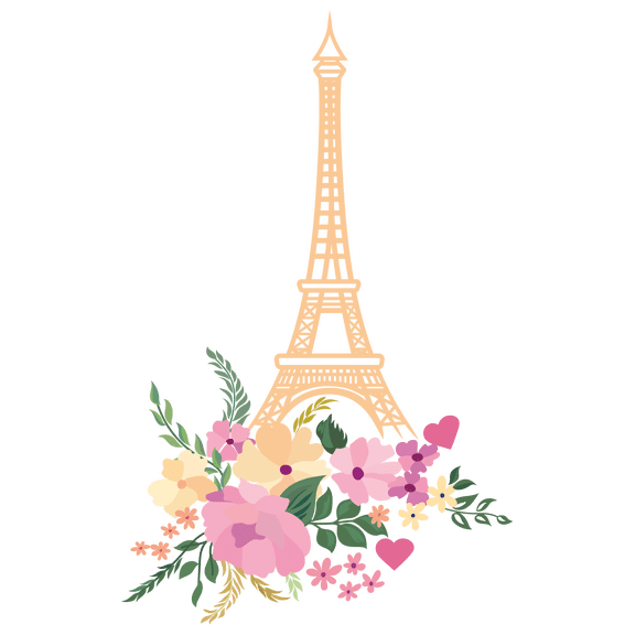 Paris Famous City in France with Eiffel Tower Artwork Vinyl Wall Decal - Majestic Landmark Silhouette with Flowers Creative Design for Living Room Wall Decoration 20" x 31"