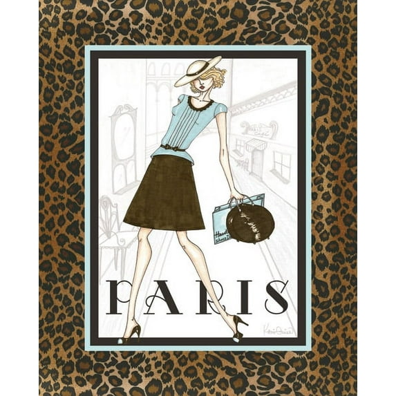 Paris Fashion Cheetah Print French Ad Poster Cute Sky Blue Purse And Dress Trendy Wall Art