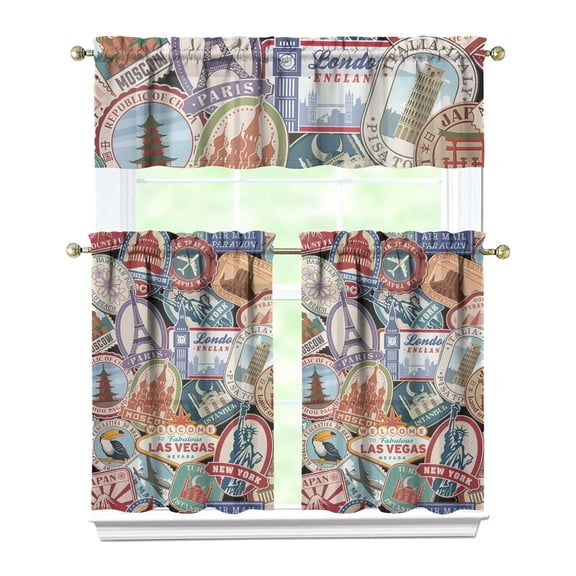 Paris Fashion Travel Kitchen Curtains Set, Vintage Style Adventure Tier and Valance, Light Filtering Rod Pocket Curtains for Beach Girl or Girly Pink Kitchen Room Design