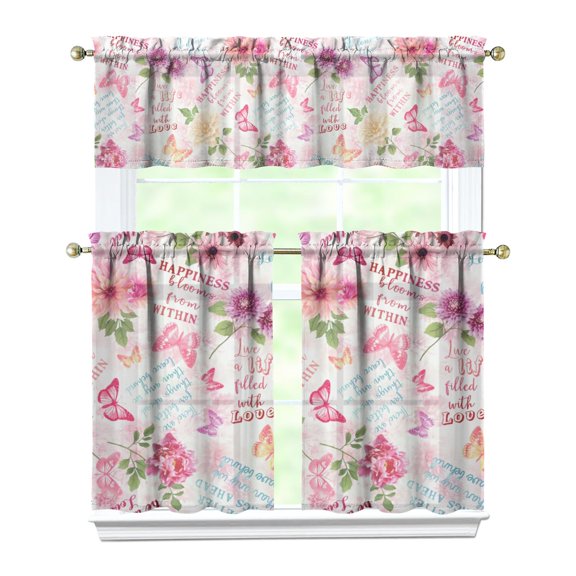 Paris Fashion Travel Kitchen Curtains Set, Vintage Style Adventure Tier and Valance, Light Filtering Rod Pocket Curtains for Beach Girl or Girly Pink Kitchen Room Design