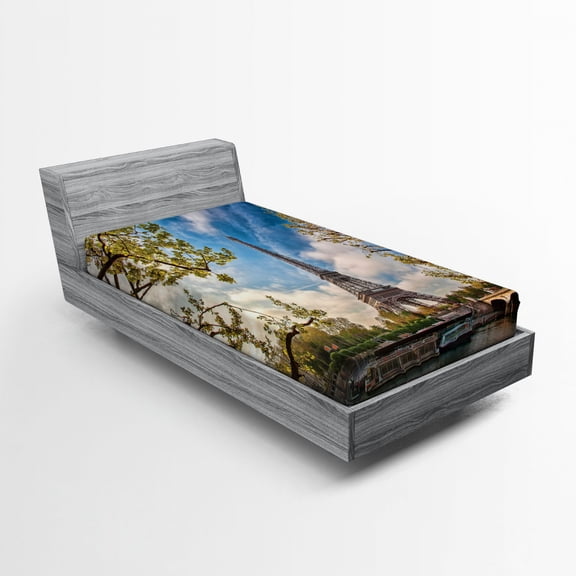 Ambesonne Paris Fitted Sheet, Paris Cloudy Sky Eiffel Tower, Twin XL Size, Blue Brown