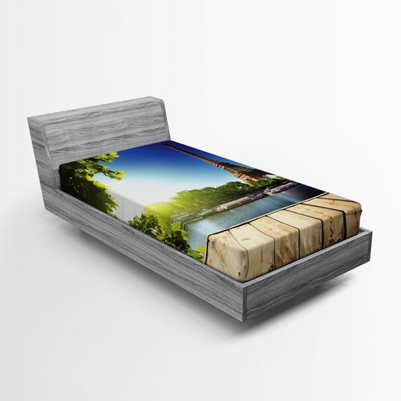 Ambesonne Paris Fitted Sheet, Eiffel Tower Wood Pier Seine, Twin Size, Green and Blue