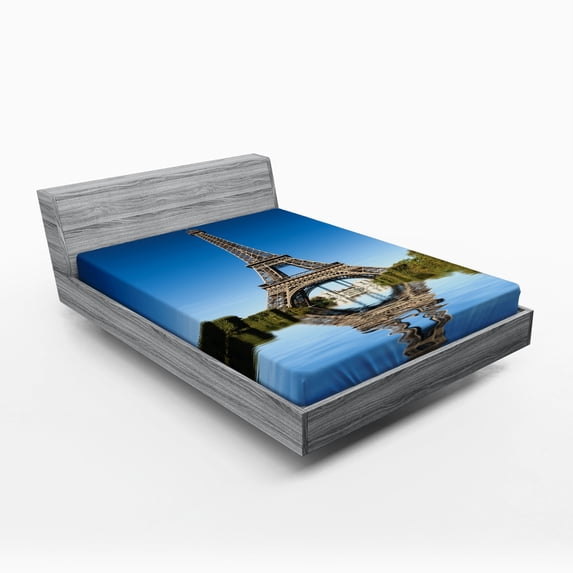 Ambesonne Paris Fitted Sheet, Eiffel Water Reflection, Full Size, Green Grey Blue