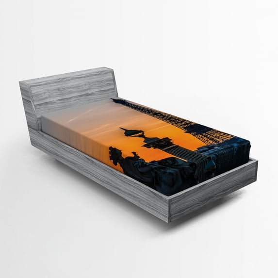 Ambesonne Paris Fitted Sheet, Historic Sunset Sky Scenery, Twin XL Size, Orange and Blue