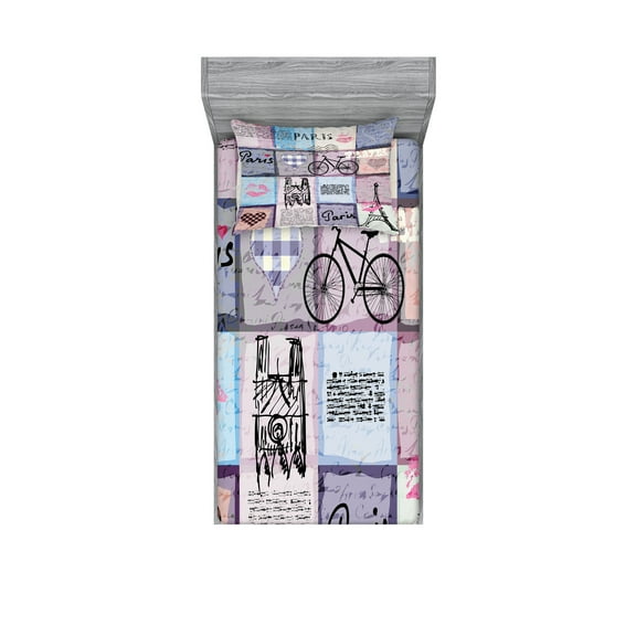 Paris Fitted Sheet & Pillow Sham Set, Grunge Textured Retro Collage of France Famous Object Eiffel Tower Europe Theme, Decorative Printed 4 Piece Bedding Decor Set, Twin, Multicolor, by Ambesonne