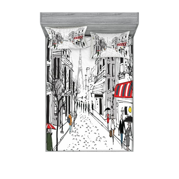Paris Fitted Sheet & Pillow Sham Set, Old French Pedestrians Stores Trees and the Silhouette of Eifffel Urban Illustration, Decorative Printed 6 Piece Bedding Decor Set, King, Multicolor, by Ambesonne