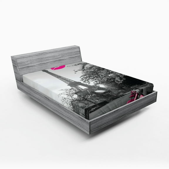 Paris Fitted Sheet, Romantic Monochrome Photo of Eiffel Tower Pink Benches and a Kiss Mark, Decorative Soft Bedding All-round Elastic Pocket, California King, Black White Hot Pink, by Ambesonne