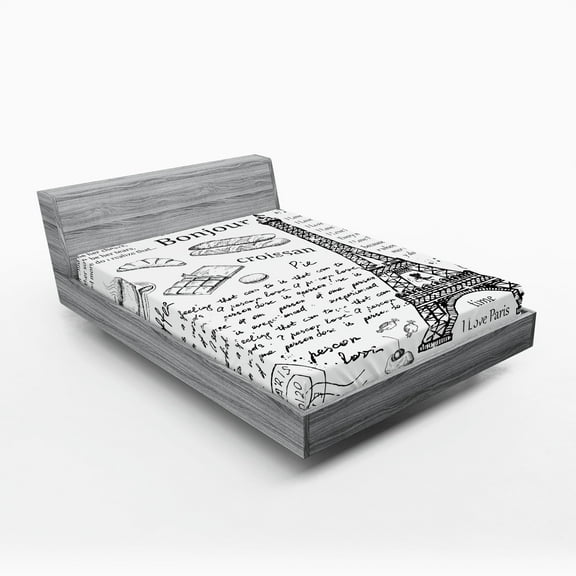 Paris Fitted Sheet, Traditional Famous Parisian Elements Bonjour Croissan Coffee Eiffel Tower Print, Decorative Soft Bedding All-round Elastic Pocket, Queen Size, Black White, by Ambesonne