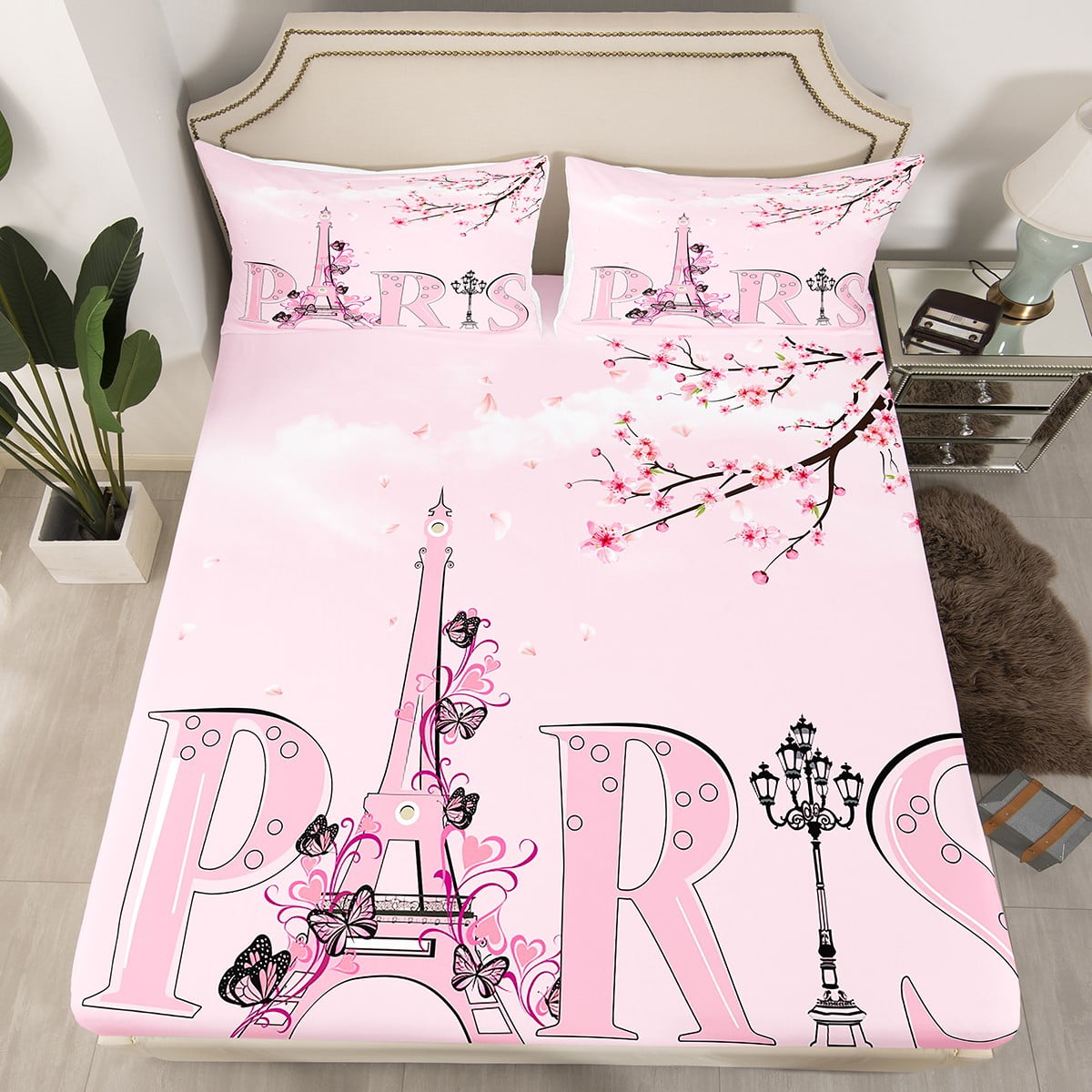 Paris Fitted Sheet Twin French Eiffel Tower Bed Sheets Cherry Blossoms