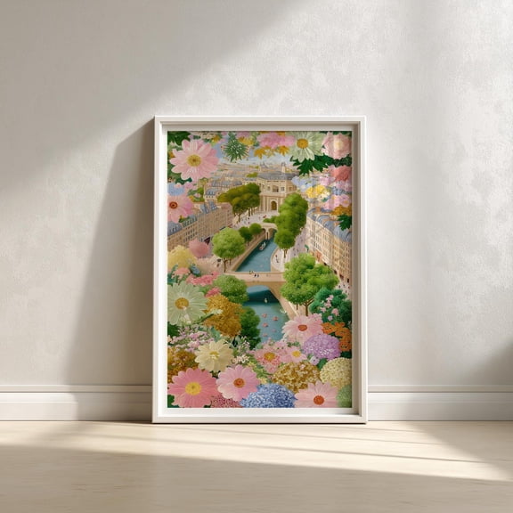 Paris Floral Cityscape Print, Romantic French Architecture Wall Art Home Decor #3420, 12x18 UNFRAMED