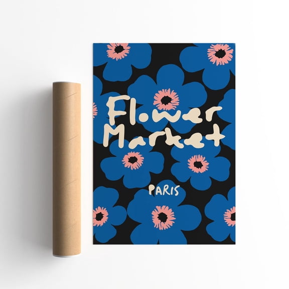 Paris Flower Market Bold Blue Floral Wall Art Design 2 Unframed Paper Print