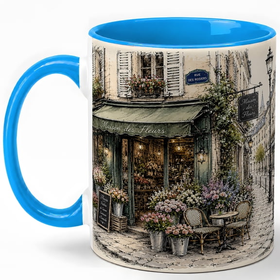 Paris Flower Shop 11oz Ceramic Mug, French Floral Cafe Coffee Cup, Cottagecore Street Art Gift