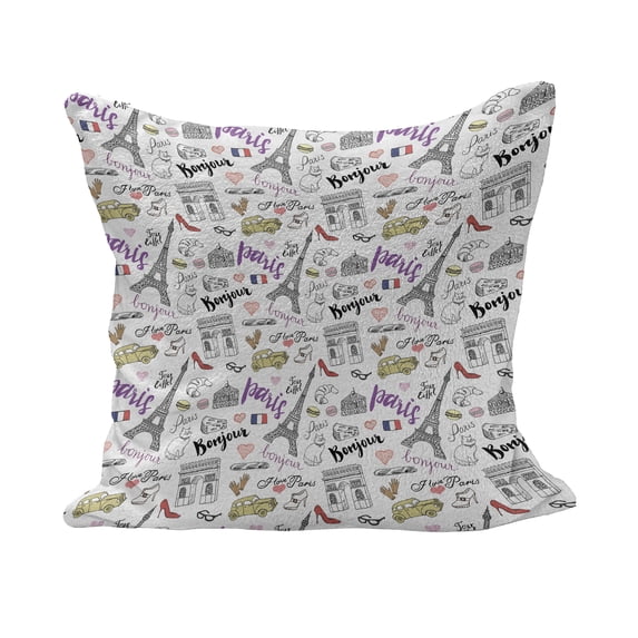 Paris Fluffy Throw Pillow Cushion Cover, Elements City of Paris Love Cheese Pie Cat and Other Things Famous Tourist Capital, Decorative Square Accent Pillow Case, 20" x 20", Multicolor, by Ambesonne