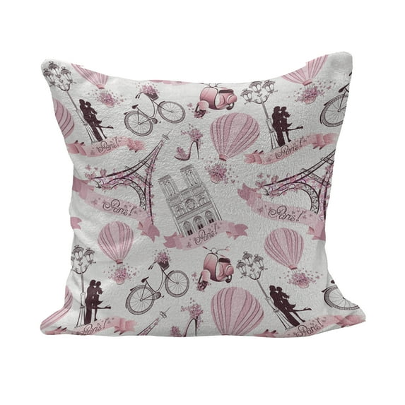 Paris Fluffy Throw Pillow Cushion Cover, Valentines Day Theme with Eiffel Kissing Couple Hot Air Balloon Wedding Concept, Decorative Square Accent Pillow Case, 16" x 16", Pale Pink Rose, by Ambesonne