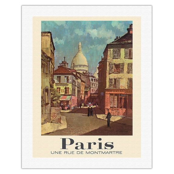 Paris France - A Street of Montmartre - Vintage Travel Poster by Rod Rieder c.1950s - Fine Art Rolled Canvas Print 20in x 26in