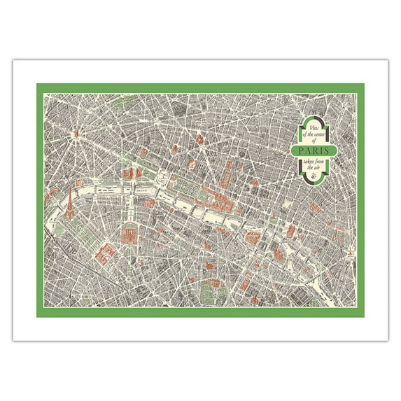 Paris France - Aerial View of The City Center Map - Vintage Colored Cartographic Map c.1959 - Bamboo Fine Art 290gsm Paper Print (Unframed) 18x24in