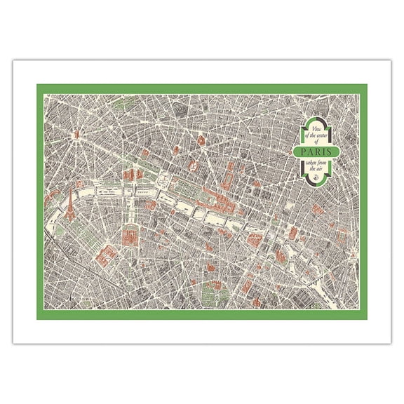 Paris France - Aerial View of The City Center Map - Vintage Colored Cartographic Map c.1959 - Bamboo Fine Art 290gsm Paper Print (Unframed) 24x32in